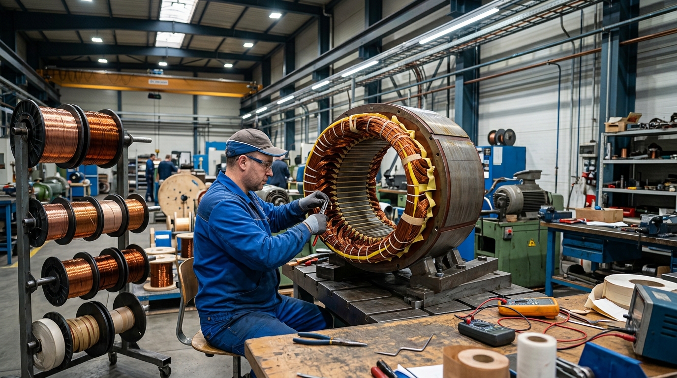 Rewinding motor listrik industri di workshop PT TEM — winding coil baru