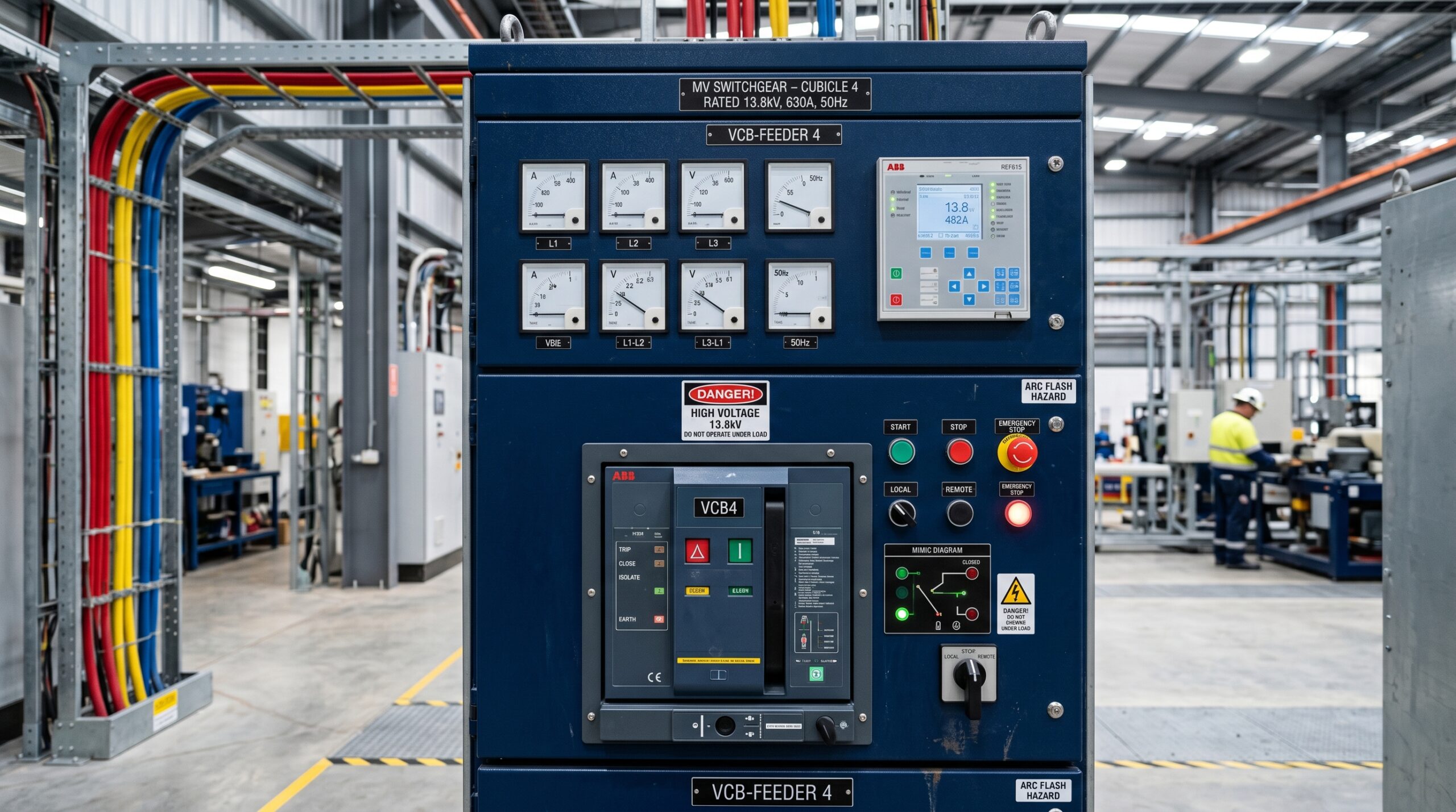 Detail panel MV switchgear 13.8kV dengan VCB, relay proteksi ABB REF615 dan mimic diagram — distribusi industri