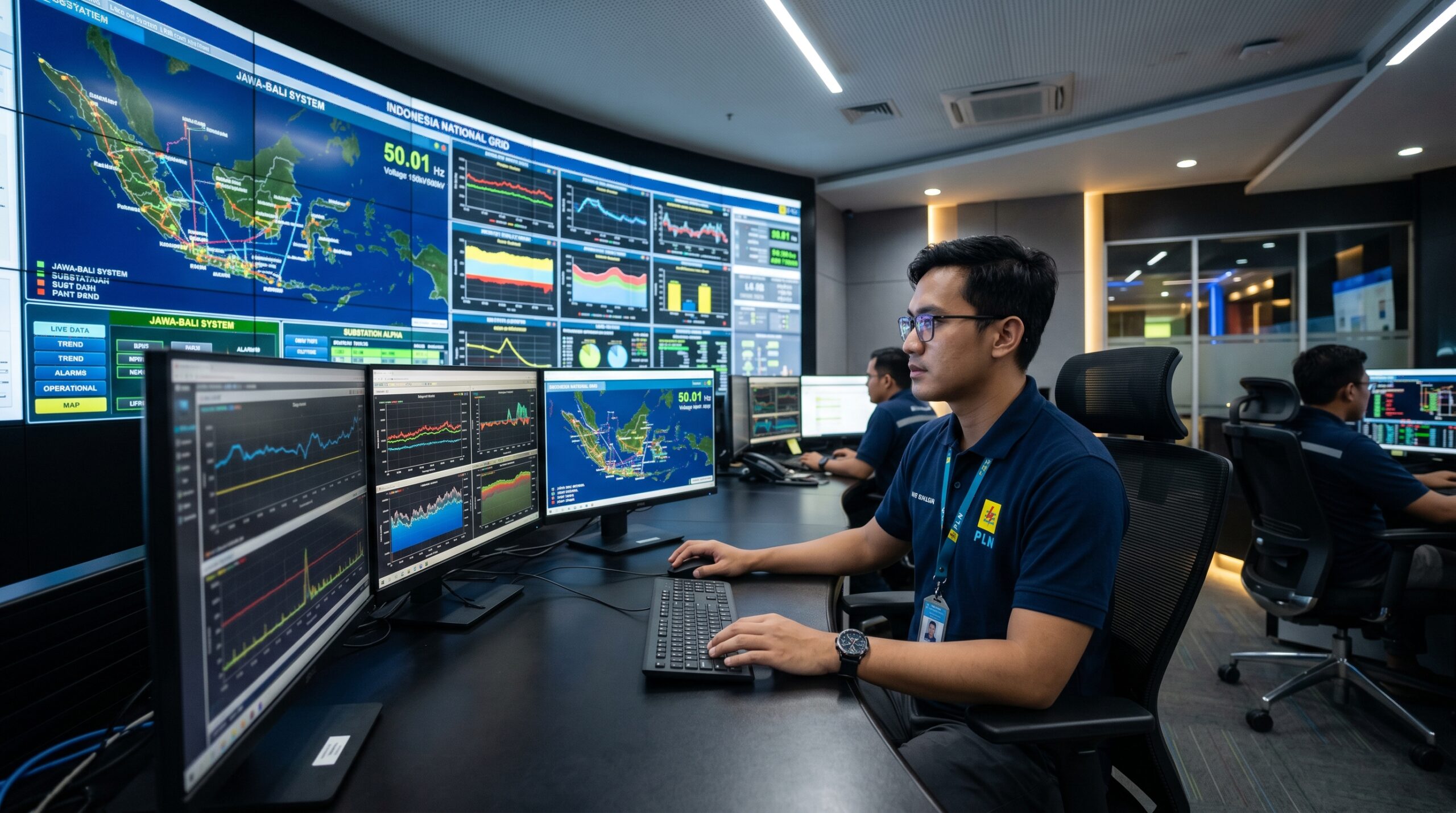 Ruang kontrol SCADA sistem jaringan listrik PLN — monitoring gardu induk 150kV dan distribusi tegangan menengah